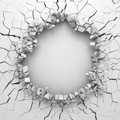 Dark destruction cracked hole in white stone wall