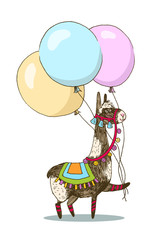 Greeting card vector design. Cheerful lama with three balloons. Happy birthday invitation template with funny animal isolated on white background. For baby birthday, party, invitation.