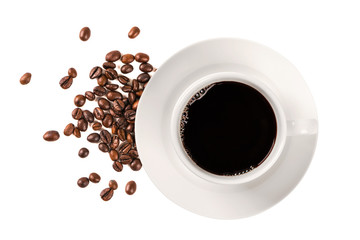 Coffee cup and beans isolated on white background