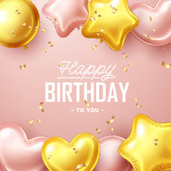 Happy Birthday background with pink and gold floating balloons. Vector illustration.