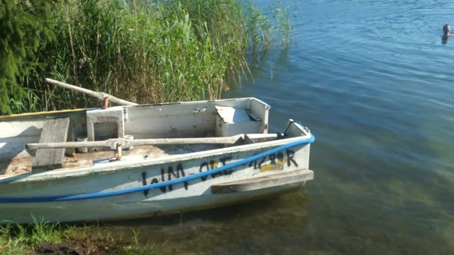 small boat moored to the lake, reeds