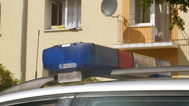 alarm light, diode, siren on roof police car in poland, policja