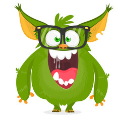 Cartoon green monster nerd wearing glasses. Vector illustration isolated