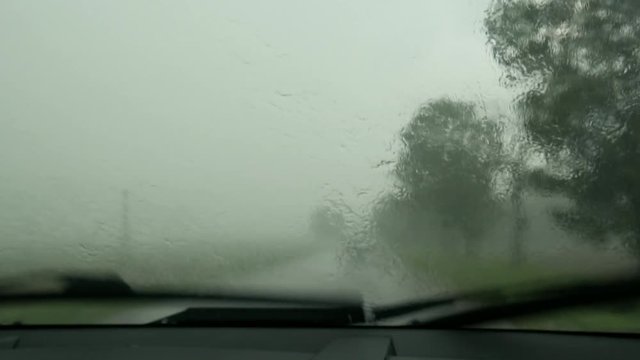 driving a car, downpour, heavy rain, driver's and passenger's perspective