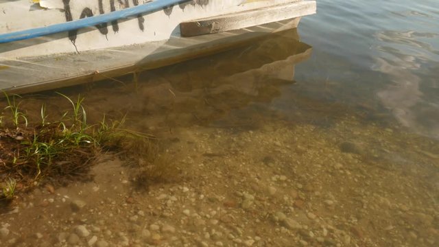 small boat moored to the lake, reeds, clean water