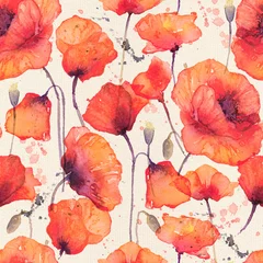 Behang Klaprozen Aquarel naadloze patroon met wilde rode papavers, vintage background