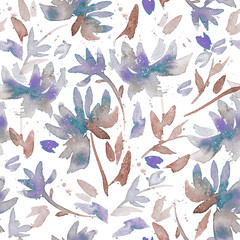 Hand drawn seamless pattern with watercolor loose flowers.