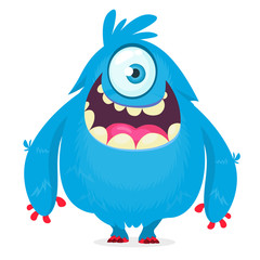 Cute cartoon monster  with horns with one eye. Smiling monster emotion with big mouth. Halloween vector illustration © drawkman