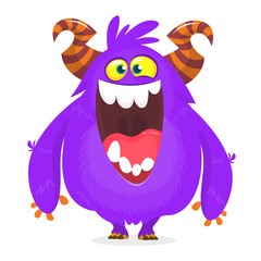 Cute monster cartoon with funny expression. Halloween vector illustration of fat furry troll or gremlin monster isolated