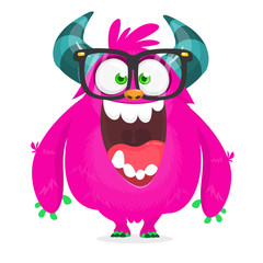 Cartoon pink monster nerd wearing glasses. Vector illustration isolated