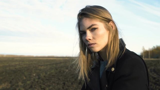 Girl Model With Light Hair Is Frozen And Shivering