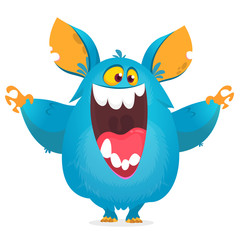 Funny cartoon blue monster waving. Vector cute monster mascot illustration for Halloween