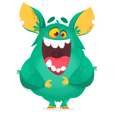 Happy cartoon monster. Laughting monster face emotion. Halloween vector illustration