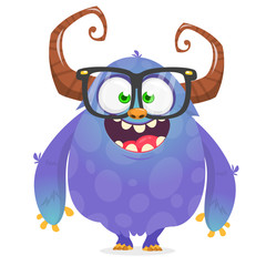 Cool cartoon alien. Purple bizzarre colorful alien monster for Halloween. Vector illustration of monster in eyeglasses