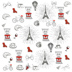 Set of hand drawn French icons, Paris sketch illustration