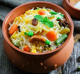 Homemade Soyabean / Soy Chunks biryani or Pulao/ Pilaf in a clay pot
