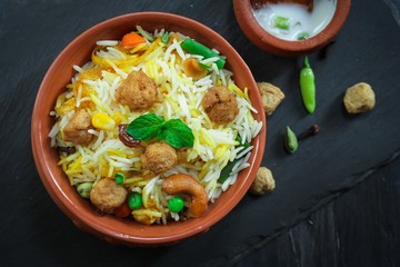 Homemade Soyabean / Soy Chunks biryani or Pulao/ Pilaf in a clay pot