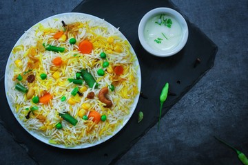 Homemade Vegetable Biryani / Veg Pilaf or Pulao overhead view