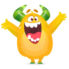 Cartoon yellow furry monster. Halloween vector illustration of excited monster