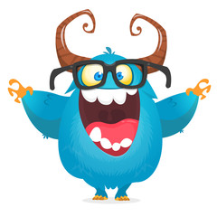 Happy cute cartoon monster wearing eyeglasses. Halloween vector blue and horned monster waving.