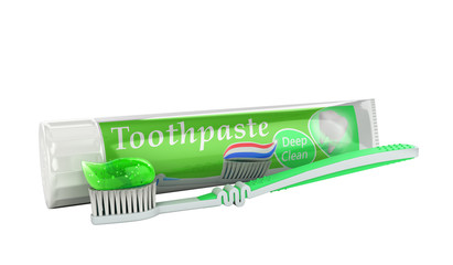 modern concept of the design of a tube of toothpaste toothpaste tube with toothbrush 3d render on white no shadow