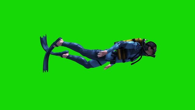 Diver Swimcycle Scuba Diving Cylinders Side Green Screen 3D Rendering Animation