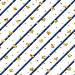 Gold heart seamless pattern. Blue-white geometric stripes, golden confetti-hearts. Symbol of love, Valentine day holiday. Design wallpaper, background, fabric texture. Vector illustration
