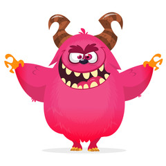 Angry cartoon monster. Vector Halloween pink furry monster
