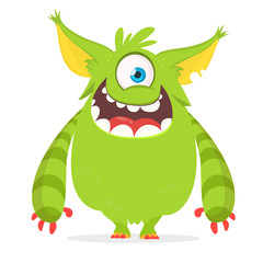 Cute cartoon monster  with one eye. Smiling monster emotion with big mouth. Halloween vector illustration