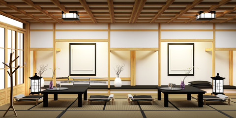 BIg roominterior design in modern living room with black low table ,lamp,vase, and decor Japanses style. 3D rendering