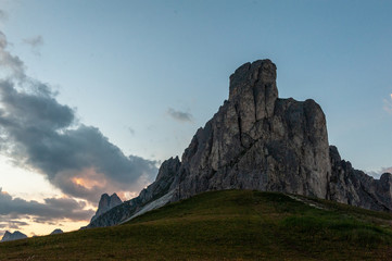 Fototapeta na wymiar Landscape shot at the Passo di Giau, in the the Italian Dolomites, during the Golden Hour.