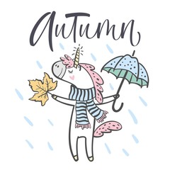 Hand drawn cute autumn unicorn isolated on white background. Design element for greeting cards, t-shirt and other. Vector illustration.