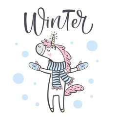 Hand drawn cute winter unicorn isolated on white background. Design element for greeting cards, t-shirt and other. Vector illustration.