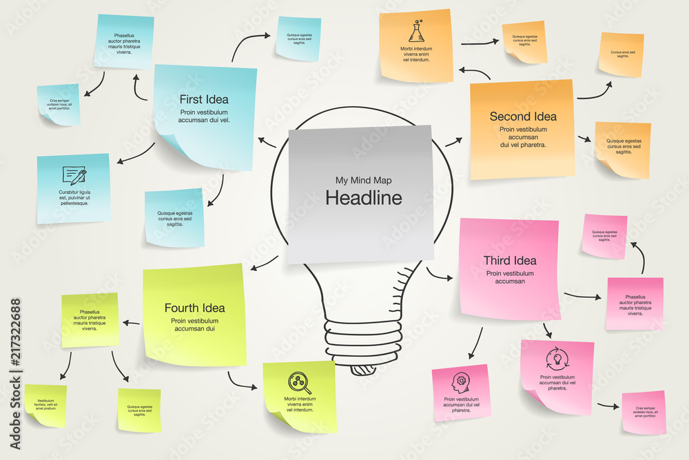 Poster Simple infographic for mind map visualization template with colorful sticky notes and hand drawn icons. Easy to use for your design with transparent shadows.
