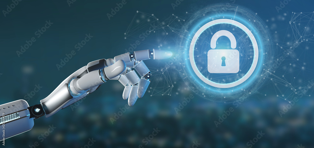 Poster cyborg hand holding a technology security icon on a circle 3d rendering