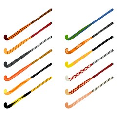 Set of hockey sticks on grass on a white background. Sports equipment for the game. Beautiful sticks. Vector illustration - 217323043