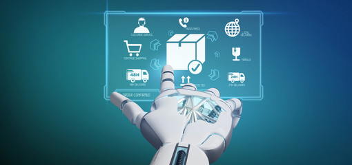 Cyborg hand holding a  Logistic delivery application screen 3d rendering