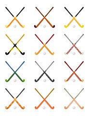 Fototapeta premium Set of hockey sticks on grass on a white background. Sports equipment for the game. Beautiful sticks. Vector illustration