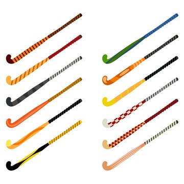 Set of hockey sticks on grass on a white background. Sports equipment for the game. Beautiful sticks. Vector illustration