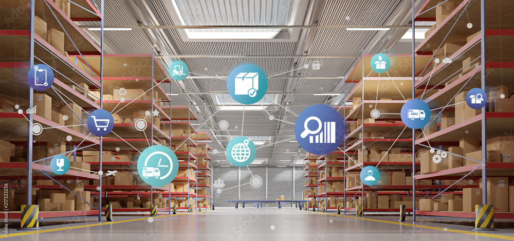 Aufkleber logistic organisation on a warehouse background 3d rendering