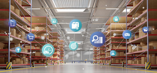 Logistic organisation on a warehouse background 3d rendering - obrazy, fototapety, plakaty