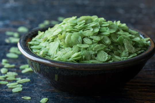 Green Sweet Rice Flakes in a Bowl