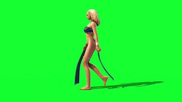 Sexy Odalisque Woman Walkcycle Side Green Screen 3D Rendering Animation