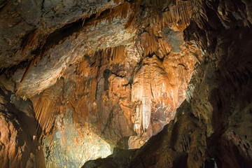 Rock formations of stalactites and stalagmites inside the cave of "Su Mannau" in Fluminimaggiore in Sardinia, Italy.