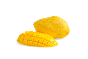 Ripe yellow mango with cube sliced one on white background