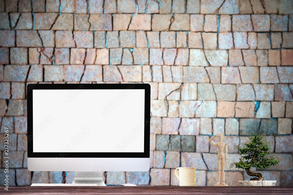 Poster comfortable workplace with modern desktop computer. blank screen for graphic display montage.