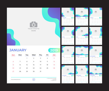 2019 Calendar design. Simple green and purple background. Week starts on Sunday. Set of 12 calendar pages vector design print template with place for photo. 