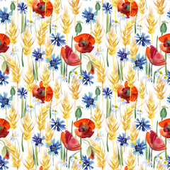 field rye seamless pattern. wheat background. ear, poppy, cornflower, chamomile hand drawn watercolor illustration.