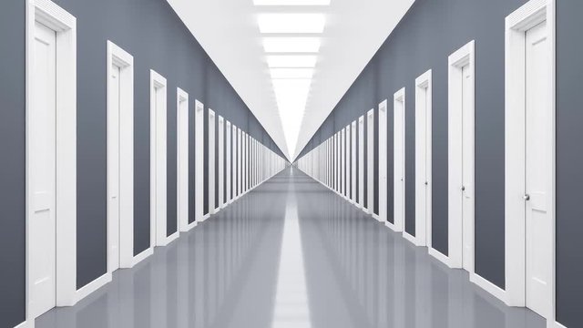 Movement along endless grey corridor with white doors