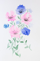 A bouquet of flowers in a vase painted in watercolor.